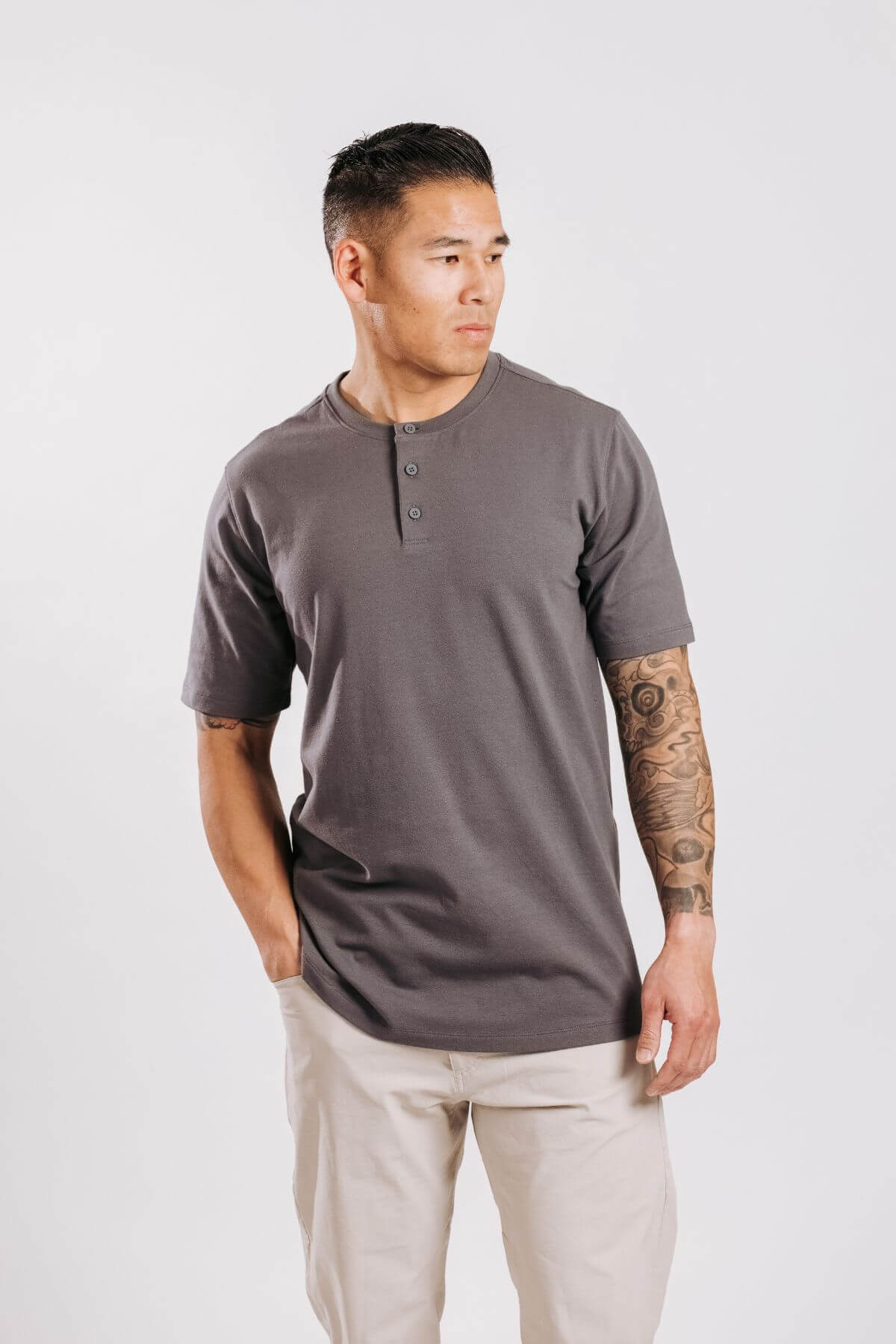 X Cotton Short Sleeve Henley - Concrete
