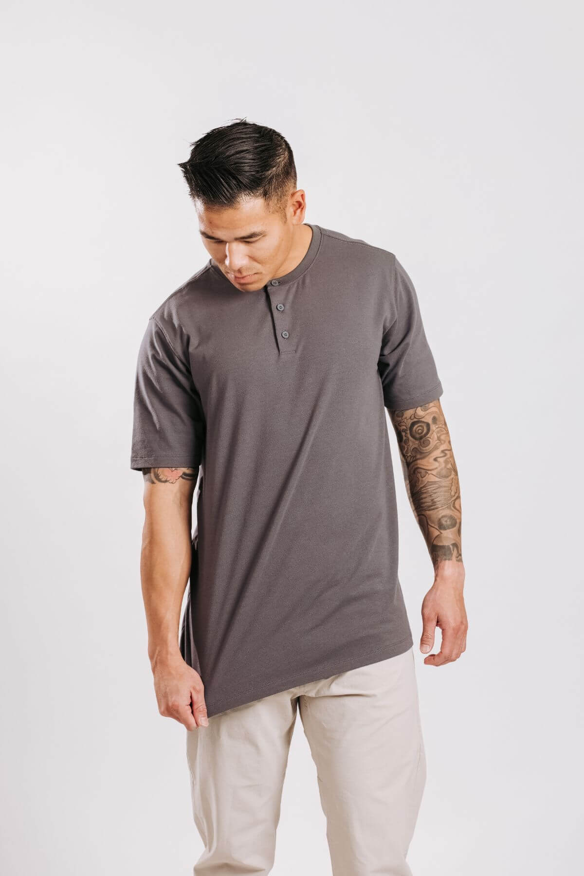 X Cotton Short Sleeve Henley - Concrete
